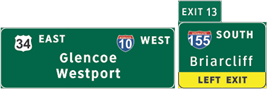 This illustration shows sign set B for topic 3 question 2. There are two signs next to each other. The sign on the left has three labels: one on the top left, one on the top right, and one in the center. The labels are as follows:  34 East,   10 West,  and  Glencoe Westport,  respectively. The sign on the right has a plaque attached to the top left labeled  Exit 13.  The main part of the sign is labeled  155 South Briarcliff.  The bottom of the sign is yellow and is labeled  Left Exit. 