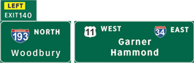This illustration shows sign set A for topic 3 question 3. There are two signs next to each other. The sign on the left has a plaque attached to the top left labeled  Left  in yellow followed by  Exit 140.  The main part of the sign is labeled  193 North Woodbury.  The sign on the right has three labels: one on the top left, one on the top right, and one in the center. The labels are as follows:  11 West,   34 East,  and  Garner Hammond,  respectively.