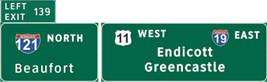 This illustration shows sign set C for topic 3 question 3. There are two signs next to each other. The sign on the left has a plaque attached to the top left labeled  Left Exit 139.  The main part of the sign is labeled  121 North Beaufort.  The sign on the right has three labels: one on the top left, one on the top right, and one in the center. The labels are as follows:  11 West,   19 East,  and  Endicott Greencastle,  respectively.