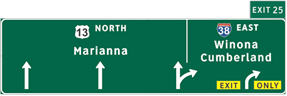 This illustration shows sign set C for topic 4. The sign has a vertical split. To the left of the split, there are three up arrows; the third is at the split and has a second arrow branching off the up arrow to the right. Above the middle arrow is the label  13 North Marianna.  There is a plaque attached to the top right of the sign labeled  Exit 25.  To the right of the vertical split, there is an up arrow curving to the right. Below the arrow, there is a yellow plaque labeled  Exit Only.  Above the arrow is the label  38 East Winona Cumberland. 