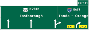 This illustration shows sign set D for topic 4. The sign has a vertical split. To the left of the split, there are three up arrows; the third is at the split and has a second arrow branching off the up arrow to the right. Above the middle arrow is the label  92 North Eastborough.  There is a plaque attached to the top right of the sign labeled  Exit 41.  To the right of the vertical split, there is an up arrow curving to the right. Below the arrow, there is a yellow plaque labeled  Exit Only.  Above the arrow is the label  25 Tonda-Orange. 