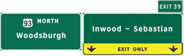 This illustration shows sign set C for topic 5. There are two signs next to each other. The sign on the left is labeled  93 North Woodsburgh.  The sign on the right has a plaque attached to the top right labeled  Exit 39.  The main part of the sign is labeled  Inwood-Sebastian.  The bottom of the sign is yellow with two down arrows labeled  Exit Only. 