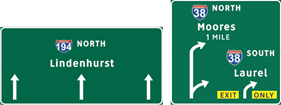 This illustration shows sign set B from topic 7. There are two signs next to each other. The sign on the left has three up arrows and is labeled  194 North Lindenhurst.  The sign on the right has two arrows. The arrow on the left has a long, straight upward-facing part that eventually curves to the right and a shorter right curve. Above the arrow is the label  38 North Moores 1 mile.  The second arrow curves to the right and has a yellow plaque labeled  Exit Only.  Above the arrow is the label  38 South Laurel. 