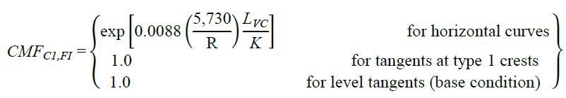 CMF subscript C1,FI equals open bracket exponent open bracket 0.0088 times open parenthesis 5,730 divided by R closed parenthesis times L subscript VC divided by K closed bracket for horizontal curves; equals 1.0 for tangents at type 1 crests; and equals 1.0 for level tangents (base condition) closed bracket.