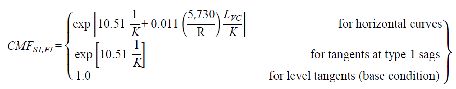 CMF subscript S1,FI equals open bracket exponent open bracket 10.51 times 1 divided by K plus 0.011 times open parenthesis 5,730 divided by R closed parenthesis times L subscript VC divided by K closed bracket for horizontal curves; equals exponent open bracket 10.51 times 1 divided by K closed bracket for tangents at type 1 sags; and equals 1.0 for level tangents (base condition) closed bracket.