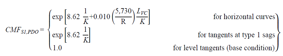 CMF subscript S1,PDO equals open bracket exponent open bracket 8.62 times 1 divided by K plus 0.010 times open parenthesis 5,730 divided by R closed parenthesis times L subscript VC divided by K closed bracket for horizontal curves; equals exponent open bracket 8.62 times 1 divided by K closed bracket for tangents at type 1 sags; and equals 1.0 for level tangents (base condition) closed bracket.