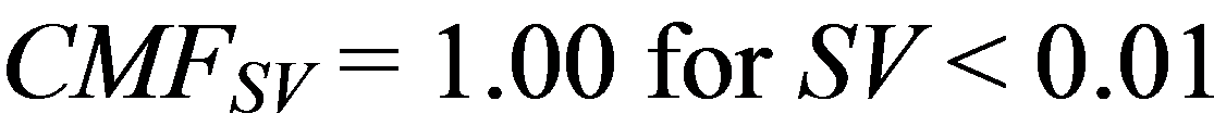 CMF subscript SV equals 1.00 for SV less than 0.01. CMF subscript SV equals 1.00 plus 6 times open parenthesis SV minus 0.01 closed parenthesis for 0.01 less than or equal to SV less than 0.02. CMF subscript SV equals 1.06 plus 3 times open parenthesis SV minus 0.02 closed parenthesis for SV greater than or equal to 0.02.