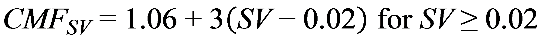 CMF subscript SV equals 1.00 for SV less than 0.01. CMF subscript SV equals 1.00 plus 6 times open parenthesis SV minus 0.01 closed parenthesis for 0.01 less than or equal to SV less than 0.02. CMF subscript SV equals 1.06 plus 3 times open parenthesis SV minus 0.02 closed parenthesis for SV greater than or equal to 0.02.