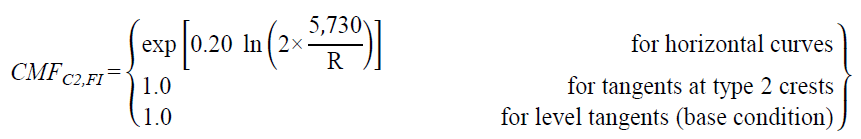 CMF subscript C2,FI equals open bracket exponent open bracket 0.20 times natural logarithm of open parenthesis 2 times 5,730 divided by R closed parenthesis closed bracket for horizontal curves; equals 1.0 for tangents at type 2 crests; and equals 1.0 for level tangents (base condition) closed bracket.