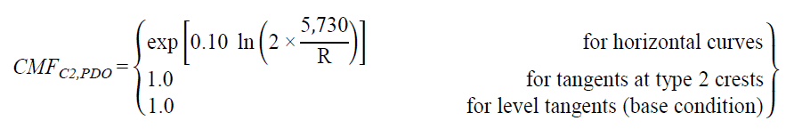 CMF subscript C2,PDO equals open bracket exponent open bracket 0.10 times natural logarithm of open parenthesis 2 times 5,730 divided by R closed parenthesis closed bracket for horizontal curves; equals 1.0 for tangents at type 2 crests; and equals 1.0 for level tangents (base condition) closed bracket.