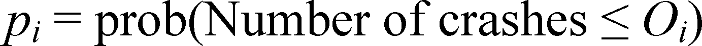 p subscript i equals prob times open parenthesis number of crashes is less than or equal to O subscript i closed parenthesis.