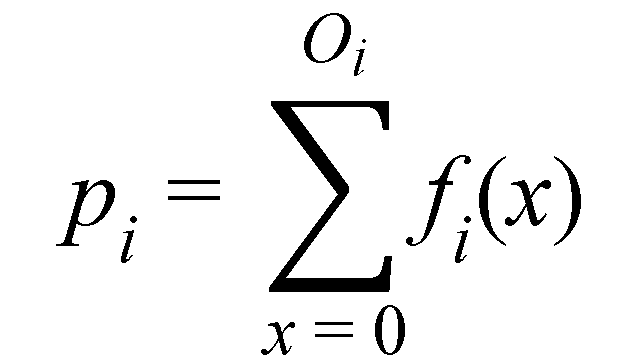 p subscript i equals the sum of f subscript i times open parenthesis x closed parenthesis from x equals zero to O subscript i.