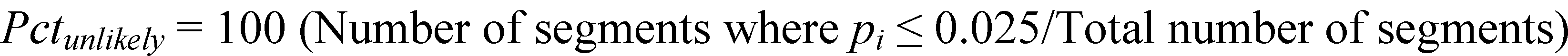 Pct subscript unlikely equals 100 times open parenthesis number of segments where p subscript i is less than or equal to 0.025 divided by the total number of segments closed parenthesis.