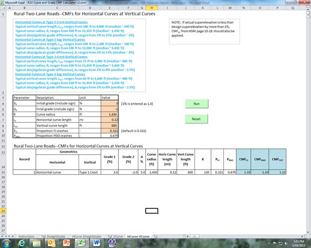 This figure shows a screenshot of a sample screen for horizontal curve at type 1 crest crash modification factor (CMF) calculations. A text box in the top left quadrant provides typical value ranges for input variables. A table provides a place to input the values of the parameters (names, descriptions, and units are provides in separate columns) for a specific calculation. A second table summarizes the values the user entered for all the variables in the first table and provides the output of the calculations.