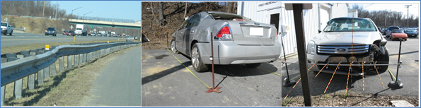 Figure 3. Illustration. NASS CDS data acquisition example showing damaged roadside elements (left, W-beam strong post) and vehicle damage (center, back/left oblique and right, front with measurement rods).
