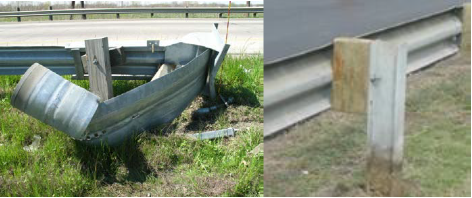 Figure 11. Photo. Case No. 2005049602183 post-crash W-beam strong post (left) contrasted with comparative catalog image (right).