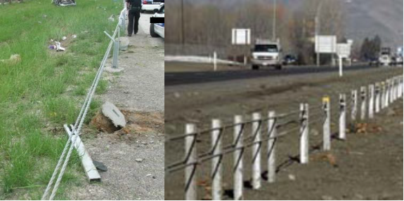 Figure 13. Photo. Case No. 2005049602403 post-crash high-tension cable guardrail systems (left) contrasted with comparative catalog image (right).