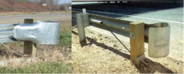 Figure 15. Photo. Case No. 2005012696122 post-crash Thrie beam strong post (left) highlighting non-energy absorbing slotted rail terminal contrasted with comparative catalog image (right).