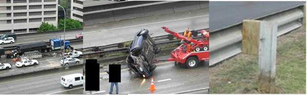 Figure 16. Photo. Case No. 2005082626081 post-crash impact attenuator (left) in advance of W-beam strong post (center) contrasted with comparative catalog image (right).