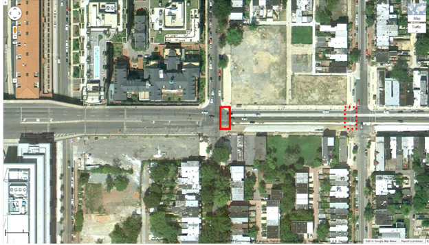 Aerial view of Location 1. The solid red rectangle highlights the intersection of 3rd Street Northeast and H Street Northeast. The dotted red rectangle highlights the intersection of 4th Street Northeast and H Street Northeast in Washington, DC. The District of Columbia Department of Transportation camera was positioned facing east and captured pedestrians crossing north/south on H Street between 3rd and 4th Streets Northeast. H Street runs east/west, and the numbered streets run north/south. The aerial view presents a mix of urban residential and commercial property.