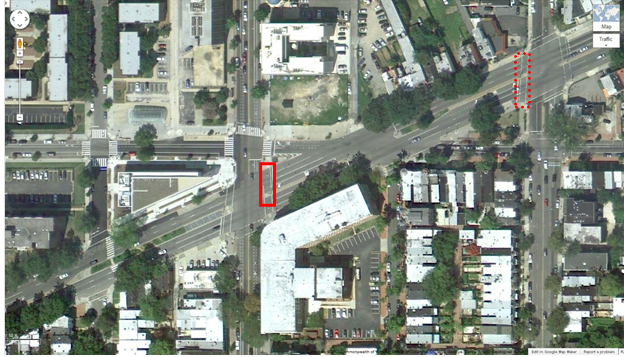 Aerial view of Location 3. The solid red rectangle highlights the intersection of 7th Street Northwest and Rhode Island Avenue Northwest. The dotted red rectangle highlights the intersection of 6th Street Northwest and Rhode Island Avenue Northwest in Washington, DC. The District of Columbia Department of Transportation camera was positioned facing east and captured pedestrians crossing north/south on Rhode Island Avenue Northwest between 7th and 6th Streets Northwest. The aerial view presents a mix of urban residential and commercial property,
