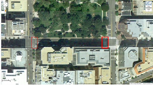 Aerial view of Location 4. The solid red rectangle highlights the intersection of 13th Street Northwest and I Street Northwest. The dotted red rectangle highlights the intersection of 14th Street Northwest and I Street Northwest in Washington, DC. The District of Columbia Department of Transportation camera was positioned facing west and captured pedestrians crossing north/south on I Street Northwest between 13th and 14th Streets Northwest. The aerial view presents a mix of urban commercial property and a park that fills a city block on the north side of the image.