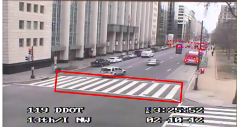 Still image captured from the Location 4 camera. The solid red rectangle highlights the intersection of 13th Street Northwest and I Street Northwest. The dotted red rectangle highlights the intersection of 14th Street Northwest and I Street Northwest in Washington, DC. A moderate amount of one-way traffic is travelling away from the camera. 