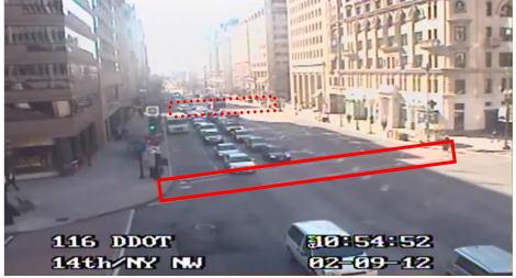 Still image captured from the Location 6 camera. The solid red rectangle highlights the intersection of 14th Street Northwest and New York Avenue Northwest. The dotted red rectangle highlights the intersection of 14th Street Northwest and G Street Northwest in Washington, DC. The photograph depicts dense traffic travelling through the intersection.