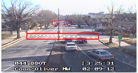 Still image captured from the Location 8 camera. The solid red rectangle highlights the intersection of Oliver Street Northwest and Connecticut Avenue Northwest. The dotted red rectangle highlights the intersection of Northampton Street Northwest and Connecticut Avenue Northwest in Washington, DC. Vehicles exiting the traffic circle and stopping at a red traffic light can be seen just in front of the marked crossing.