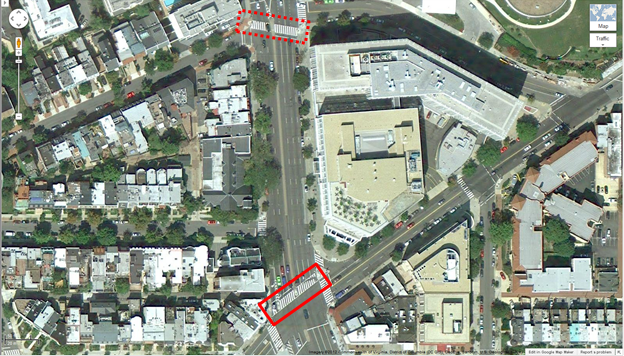 Aerial view of Location 9. The solid red rectangle highlights the intersection of Connecticut Avenue Northwest and Florida Avenue Northwest. The dotted red rectangle highlights the intersection of Connecticut Northwest and Leroy Place (west of Connecticut)/ T Street (east of Connecticut) Northwest in Washington, DC. The District of Columbia Department of Transportation camera was positioned facing north and captured pedestrians crossing east/west on Connecticut Avenue Northwest between Florida Avenue Northwest and Leroy Place/T Street Northwest. The aerial view presents a mix of urban residential and commercial property.