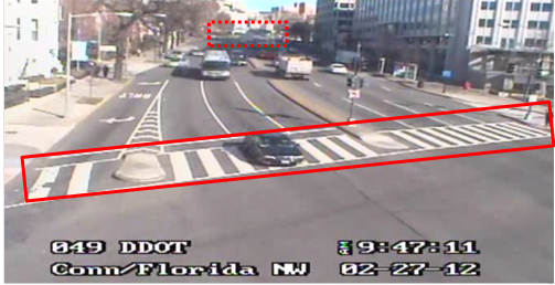 Still image captured from the Location 9 camera. The solid red rectangle highlights the intersection of Connecticut Avenue Northwest and Florida Avenue Northwest. The dotted red rectangle highlights the intersection of Connecticut Avenue Northwest Leroy Place/ T Street Northwest in Washington, DC. A moderate amount of bi-directional traffic is shown.