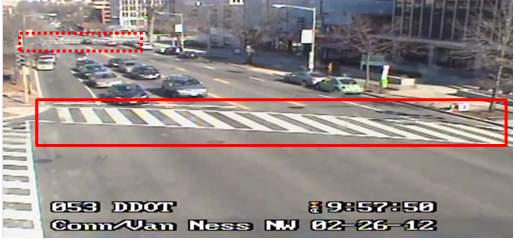 Still image captured from the Location 10 camera. The solid red rectangle highlights the intersection of Connecticut Avenue Northwest and Van Ness Street Northwest. The dotted red rectangle highlights the intersection of Connecticut Avenue and Veazey Terrace Northwest in Washington, DC. A queue of vehicles is stopped and waiting to proceed through the intersection just behind the near marked crosswalk.