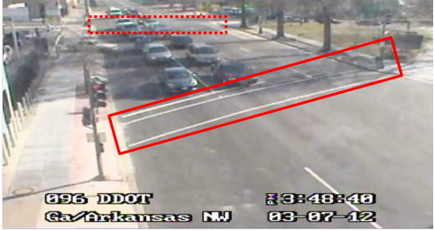 Still image captured from the Location 11 camera. The solid red rectangle highlights the intersection of Georgia Avenue Northwest and Arkansas Avenue Northwest. The dotted red rectangle highlights the intersection of Georgia Avenue and Farragut Street Northwest in Washington, DC. Vehicles are queued behind the near crosswalk waiting for the traffic signal to change to a green light.