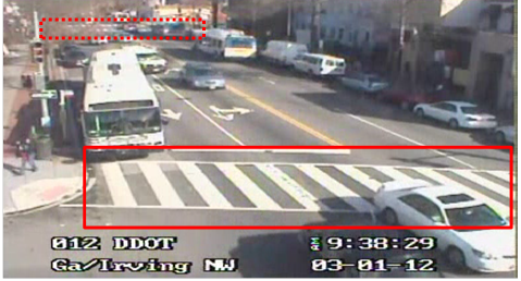 Still image captured from the Location 12 camera. The solid red rectangle highlights the intersection of Georgia Avenue Northwest and Irving Avenue Northwest. The dotted red rectangle highlights the intersection of Georgia Avenue and Kenyon Street Northwest in Washington, DC. Vehicles are parked on both sides of the roadway, with some light traffic. A bus is stopped near the crosswalk that is allowing people to get on/off the bus.