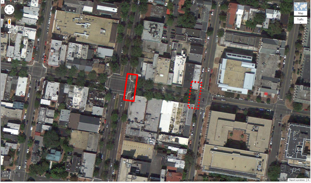 Aerial view of Location 17. The solid red rectangle highlights the intersection of King Street and North Washington Street. The dotted red rectangle highlights the intersection of King Street and North Saint Asaph Street in Alexandria, VA. Researchers recorded pedestrians crossing north/south on King Street between North Washington Street and North Saint Asaph Street. The aerial view presents a mix of urban residential and commercial property.