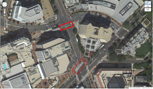 Aerial view of location 19. The solid red rectangle highlights the intersection of Willard Avenue and Wisconsin Avenue. The dotted red rectangle highlights the intersection of Wisconsin Avenue and Western Avenue in Chevy Chase, MD. Researchers recorded pedestrians crossing northeast/southwest on Wisconsin Avenue between Willard Avenue and Western Avenue. The aerial view presents dense commercial building properties.