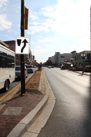 Illustration of some of the foliage and elevation present in the median of Wisconsin Avenue. The median is constructed of brick pavers and includes some smaller bushes.