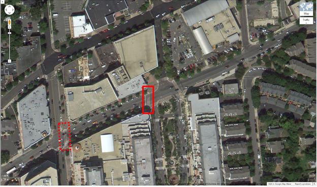 Aerial view of location 20. The solid red rectangle highlights the intersection of Clarendon Boulevard and North Edgewood Street. The dotted red rectangle highlights the intersection of Clarendon Boulevard and North Fillmore Street in Arlington, VA. Researchers recorded pedestrians crossing north/south along Clarendon Boulevard between North Fillmore Street and North Edgewood Street. The aerial view presents a mix of urban residential and commercial property.