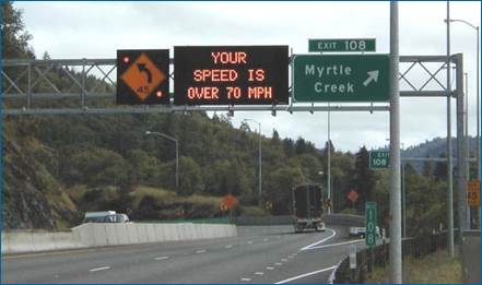 After northbound images of Interstate 5 dynamic speed feedback sign systems in Oregon.