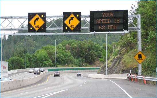 Before southbound images of Interstate 5 dynamic speed feedback sign systems in Oregon.