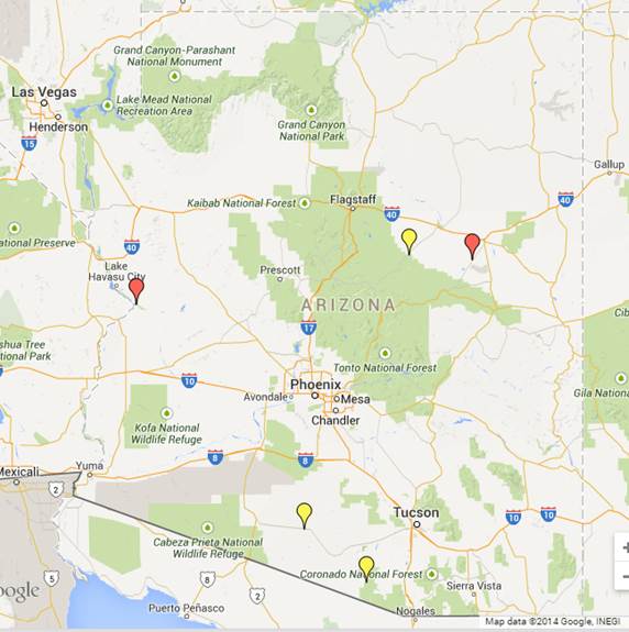 Location of test and crash analysis control sites in Arizona. Red marker indicates the curve test site, and yellow marker indicates the curve control site.