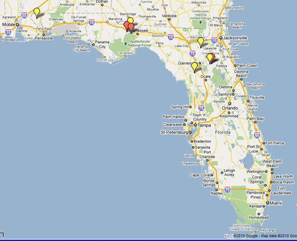 Location of test and crash analysis control sites in Florida. Red marker indicates curve test site, and yellow marker indicates curve control site.