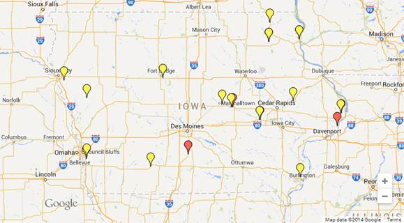 Location of test and crash analysis control sites in Iowa. Red marker indicates curve test site, and yellow marker indicates curve control site.