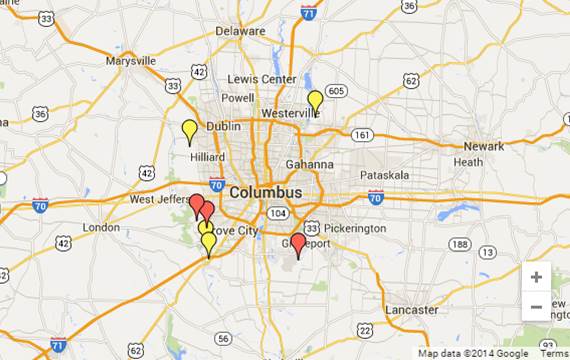 Location of test and crash analysis control sites in Franklin County, OH. Red marker indicates curve test site, and yellow marker indicates curve control site.