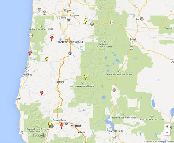 Location of test and crash analysis control sites in Oregon. Red marker indicates curve test site, and yellow marker indicates curve control site.