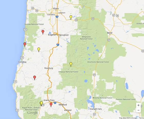 Location of test and crash analysis control sites in Oregon. Red marker indicates curve test site, and yellow marker indicates curve control site.