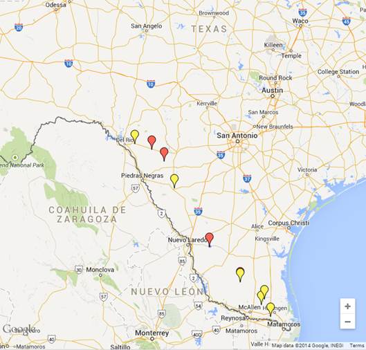 Location of test and crash analysis control sites in Texas. Red marker indicates curve test site, and yellow marker indicates curve control site.