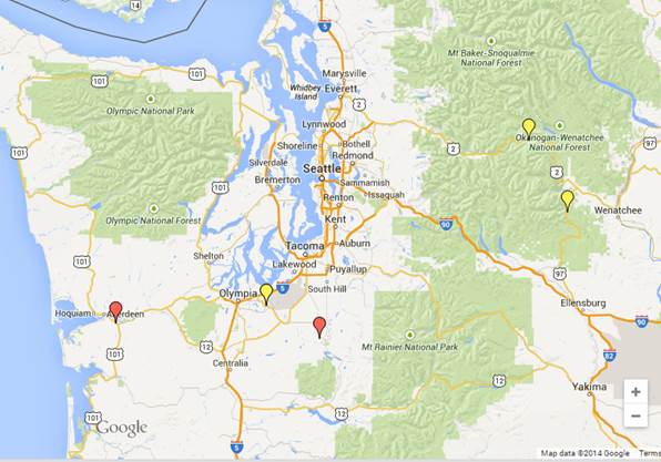 Location of test and crash analysis control sites in Washington. Red marker indicates curve test site, and yellow marker indicates curve control site.