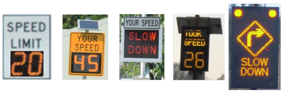 Dynamic speed limit sign, dynamic speed message sign displaying "slow down," dynamic "your speed" message sign displaying vehicle speed, dynamic "your speed" message sign displaying vehicle speed, and dynamic speed message sign displaying "slow down" with a curve symbol.