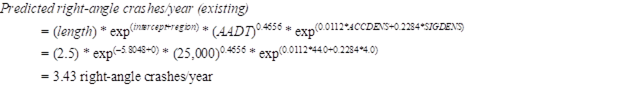 Figure 33. Equations. Right-angle crashes: predicted right-angle crashes/year (existing). Predicted right-angle crashes per year (existing) equals open parenthesis length close parenthesis times exp to the open parenthesis intercept plus region close parenthesis power times open parenthesis AADT close parenthesis to the 0.4656 power times exp to the open parenthesis 0.0112 times ACCDENS plus 0.2284 times SIGDENS close parenthesis power. Using the values from the existing condition, or do-nothing alternative A, this equation equals 2.5 times exp to the open parenthesis negative 5.8048 plus 0 close parenthesis power times 25,000 to the 0.4656 power times exp to the open parenthesis 0.0112 times 44.0 plus 0.2284 times 4.0 close parenthesis power. Solving this expression results in an answer of 3.43 right-angle crashes per year.